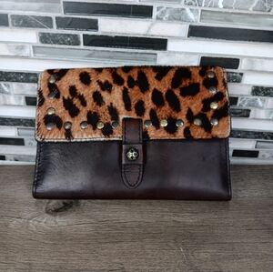 Patricia Nash Leopard Fur Brown Leather Tri Fold Wallet
